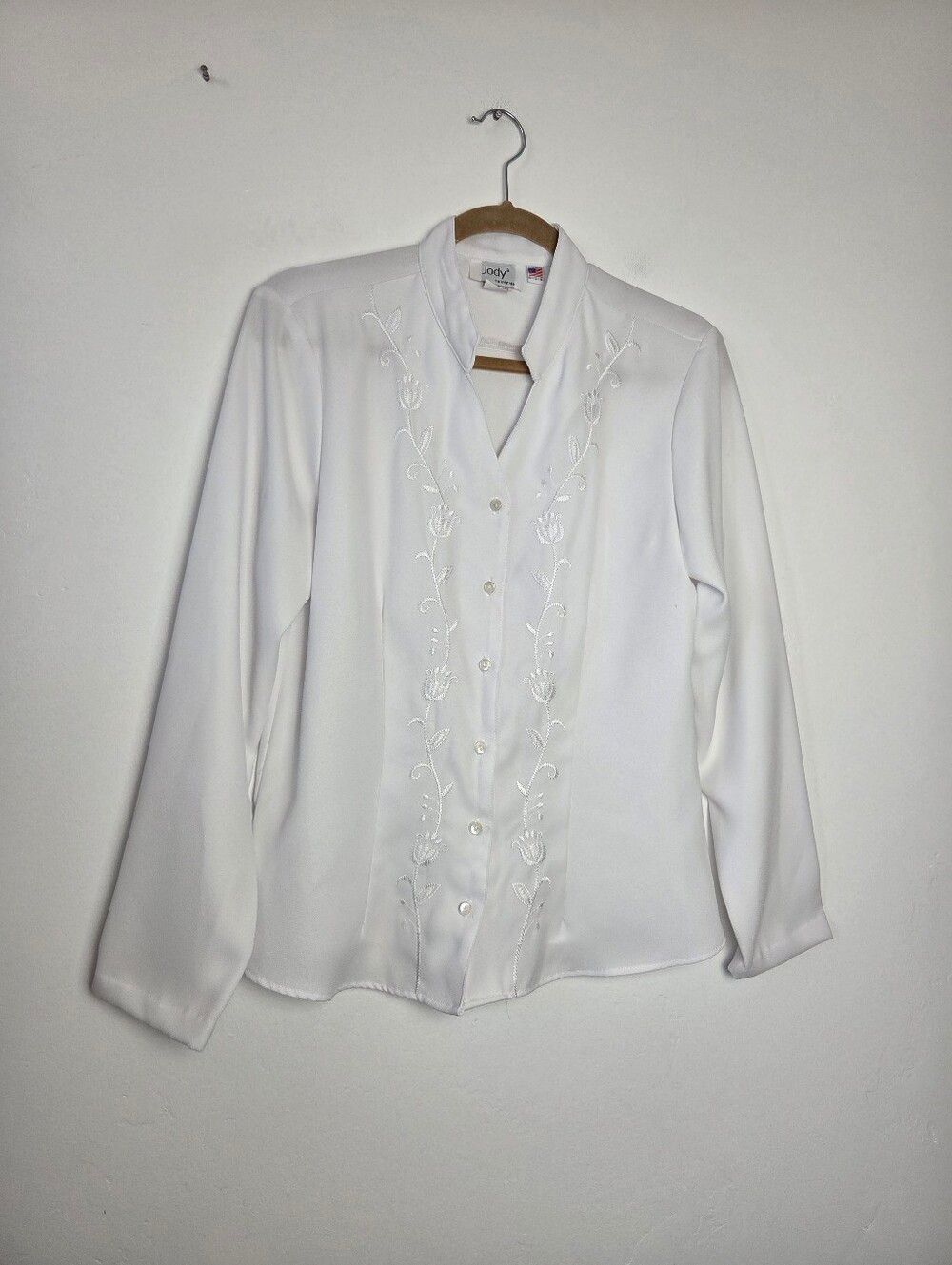 Vintage Jody California White Blouse Top Button Floral Embroidery Church Formal